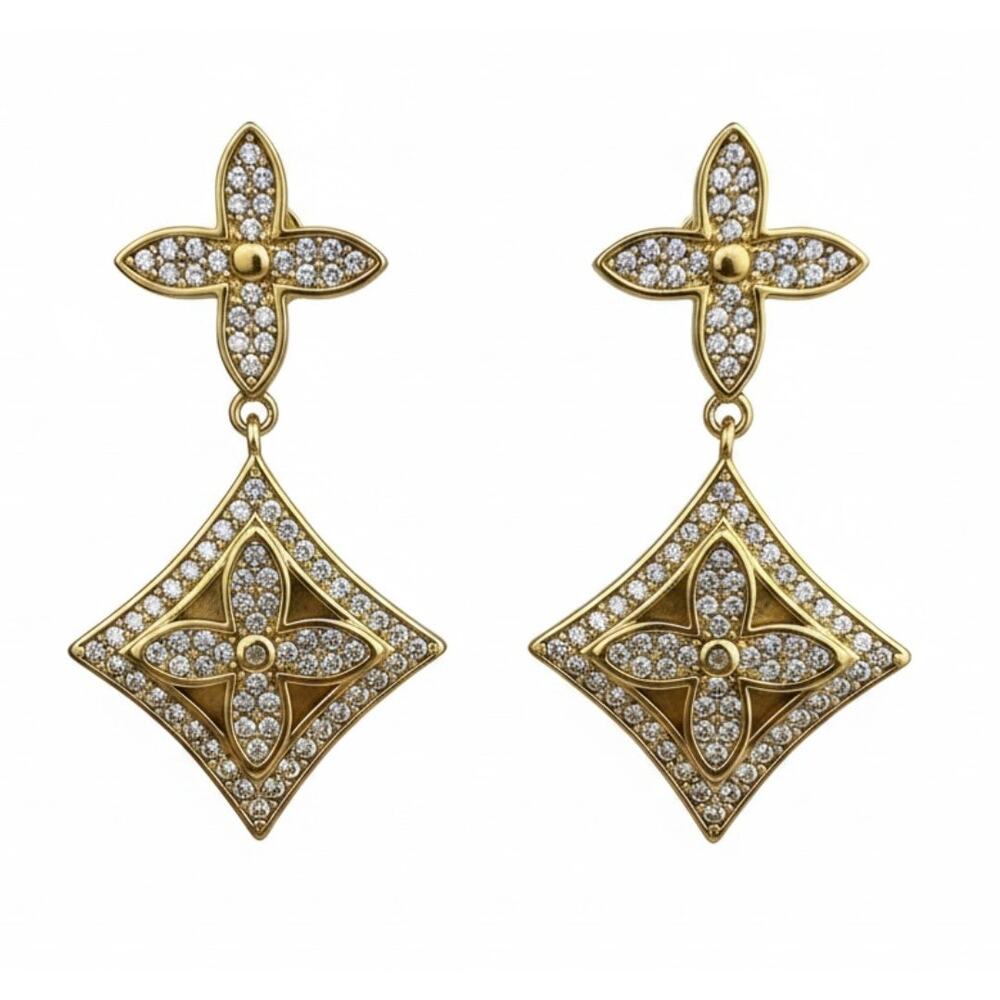 Louis Vuitton Gold LV Monogram Flower Crystal Dangle Drop Earrings (LVXX022)